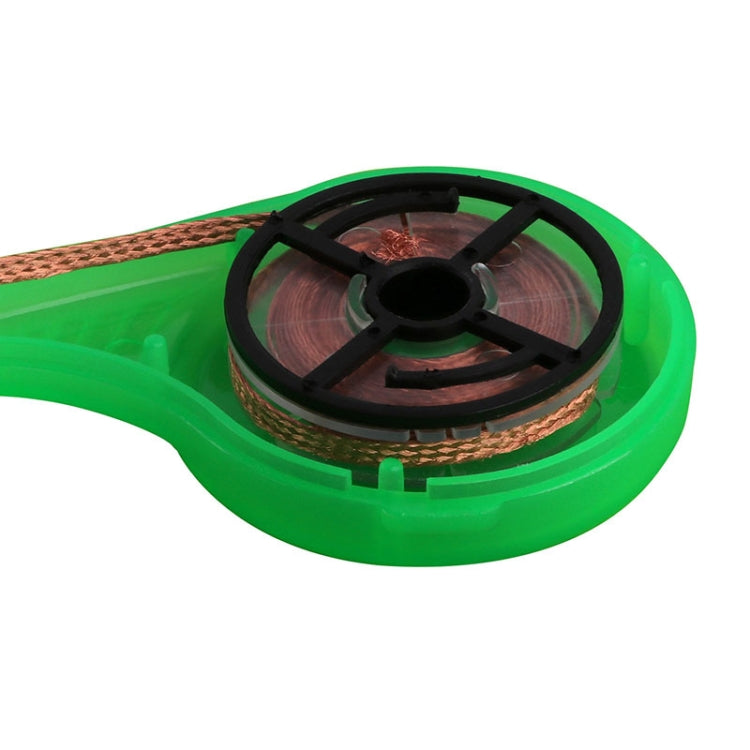 Green desoldering wick spool housing with braided copper wire coil inside