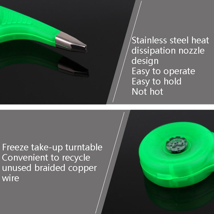 Green desoldering wick suction tool with stainless heat-dissipation nozzle