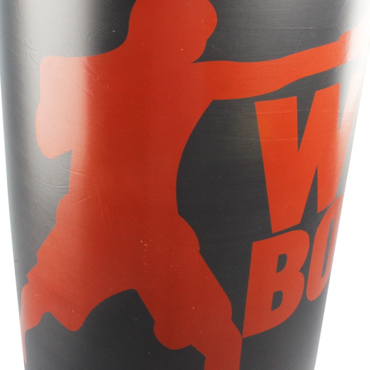 Black inflatable punching bag column with large red action silhouette graphic and lettering.