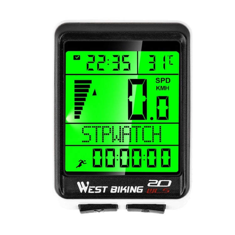 Bike speedometer computer with green backlit LCD screen and black housing