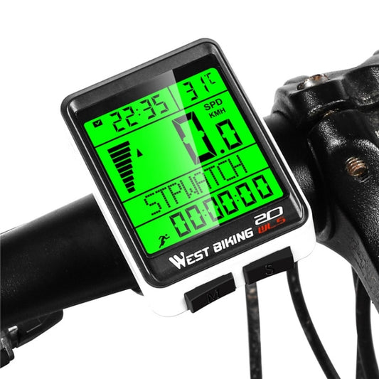 Bike speedometer computer with green backlit LCD display on handlebar mount