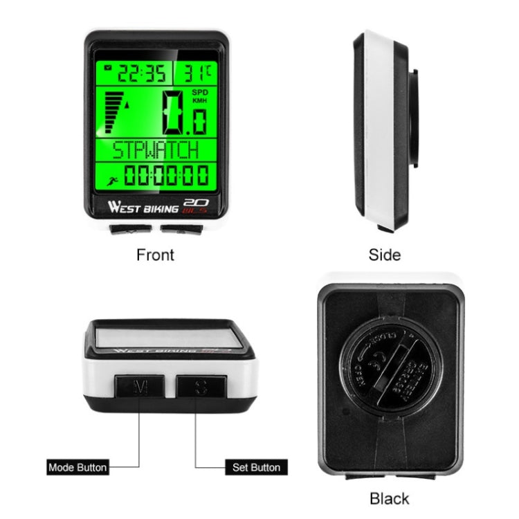 Bike speedometer computer front and side views with green LCD display