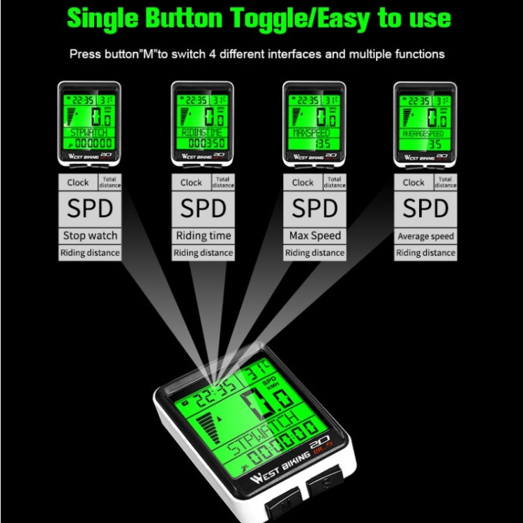 Bike speedometer computer with green LCD display and single control button