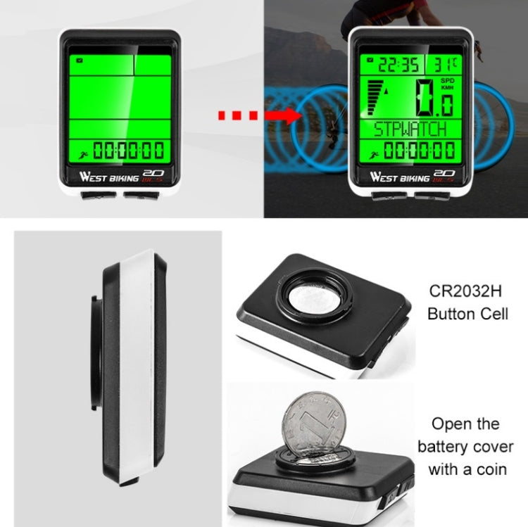 Bike speedometer computer with green LCD display and wireless signal link shown