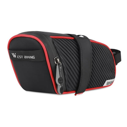 Bicycle tail bag, waterproof fabric black with red trim and reflective accents