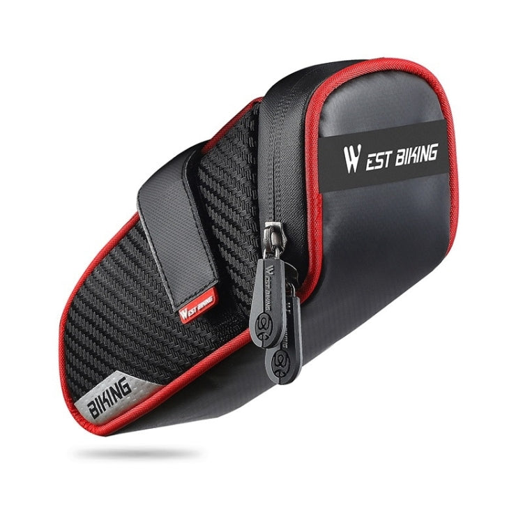 Bicycle tail bag with black-and-red piping, carbon-look side panel, top strap