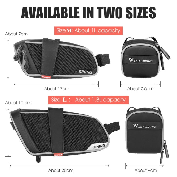 Bicycle tail bag size chart, black with carbon-look panels and red trim