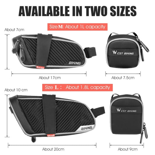 Bicycle tail bag size chart, black with carbon-look panels and red trim