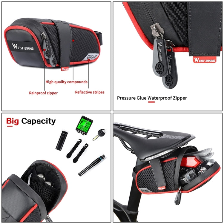Bicycle tail bag with waterproof zipper and reflective stripes, black with red accents
