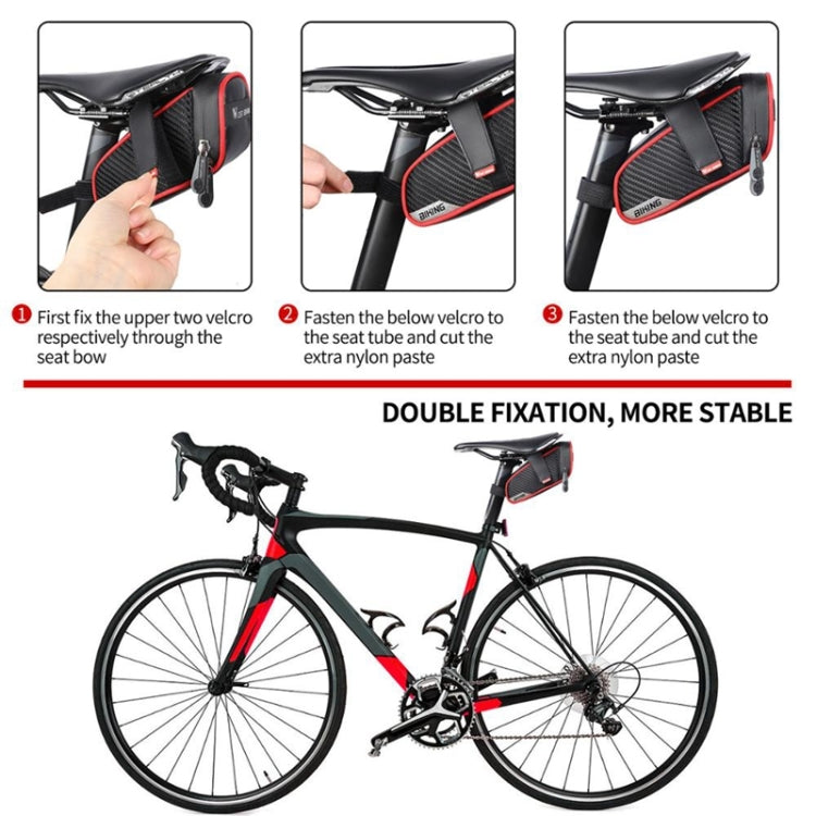 Bicycle tail bag with dual fixation straps, black and red trim