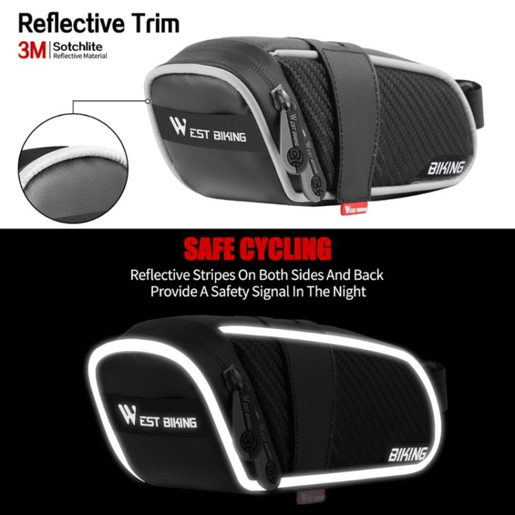 Bicycle tail bag with reflective trim, black carbon-look panels, zippered pocket