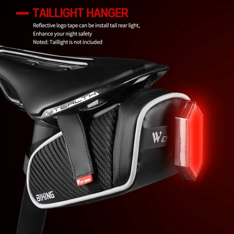Bicycle tail bag with tail light hanger strap, black carbon-look panels
