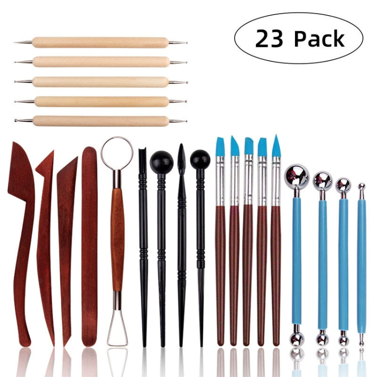 23-piece pottery clay tool set with wooden and plastic handles for carving and sculpting