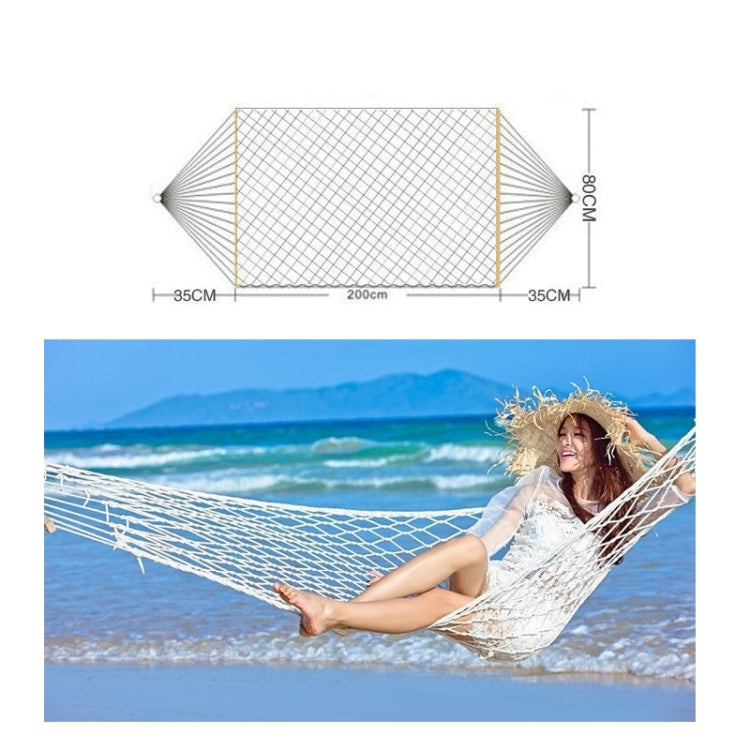 White cotton rope hammock with 200cm x 80cm size diagram and spreader bars