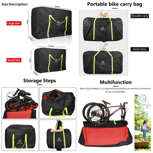 Folding bicycle storage bag set in black with neon yellow trim, shown by sizes