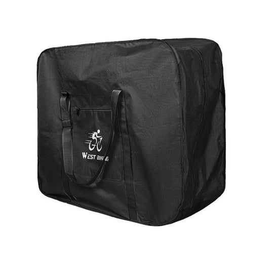 Black folding bicycle storage bag with front zip pocket and tote handles