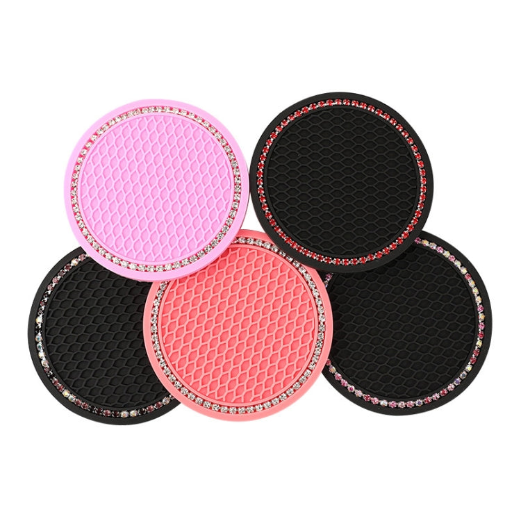 Set of car cup coasters with pink and black honeycomb mats and rhinestone-trim edges.