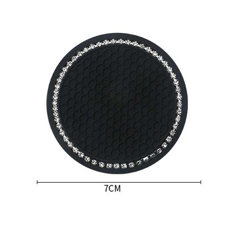 Black circular car cup coaster with honeycomb texture, rhinestone edge, 7 cm size.