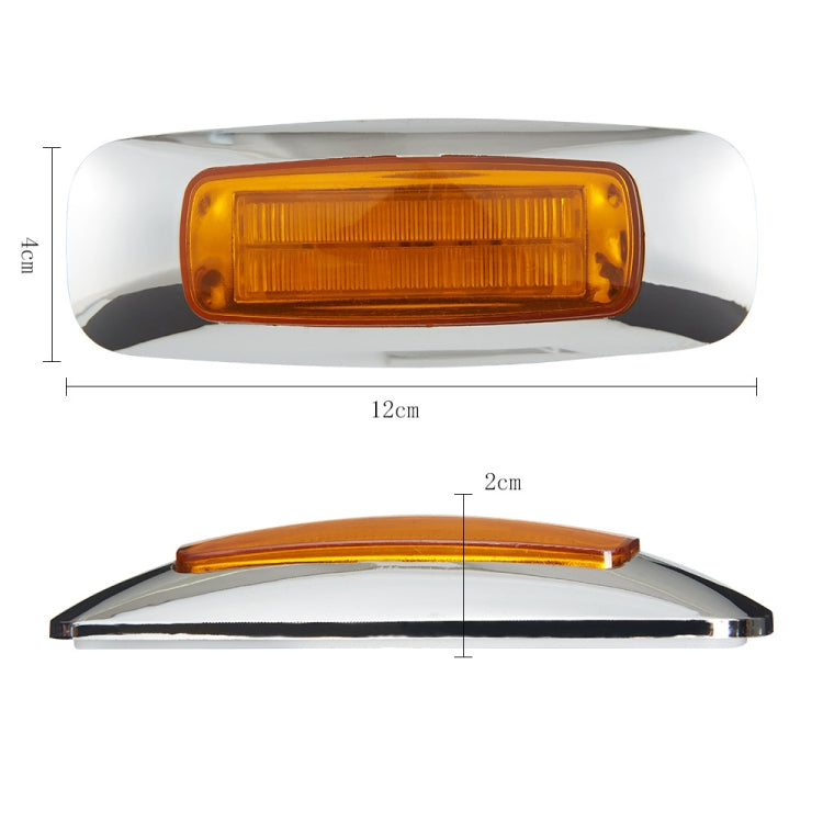 Amber rectangular side marker light with chrome housing; size dimensions shown
