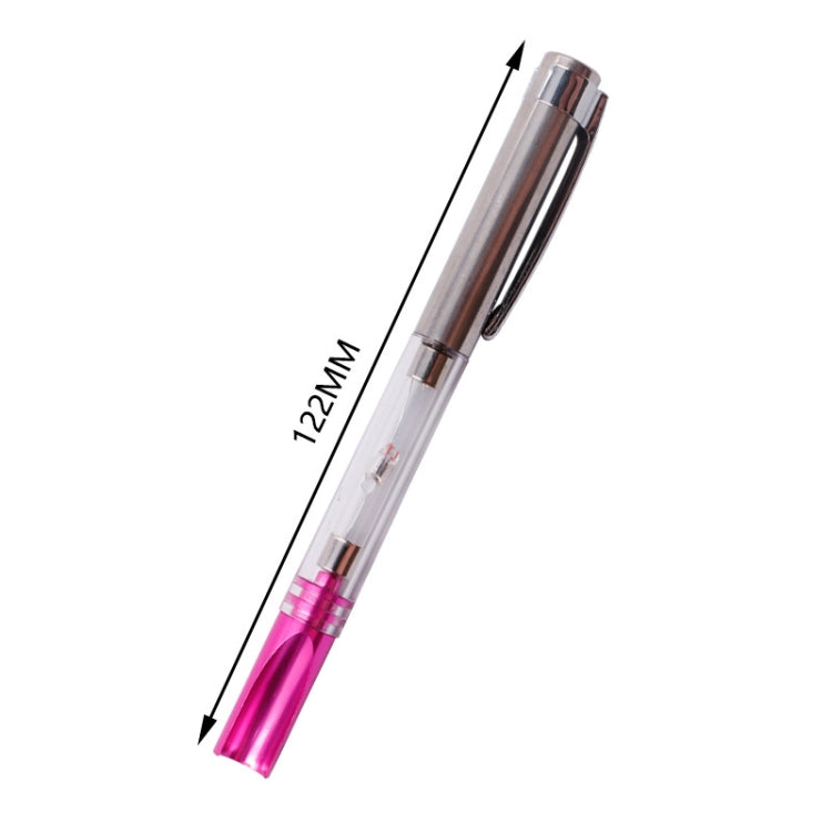 Automotive spark test pen with clear tube, chrome clip, and pink end