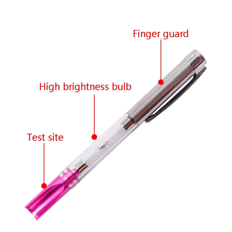 Spark test pen with finger guard, clear body, chrome cap, and pink bulb area