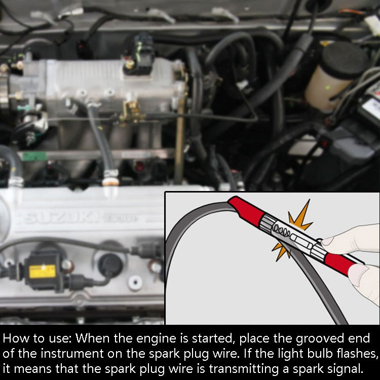 Ignition spark test pen held near engine bay to check spark plug wire