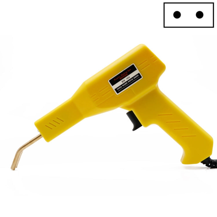 Yellow plastic welding gun for bumper repair, showing black handle trigger and tip