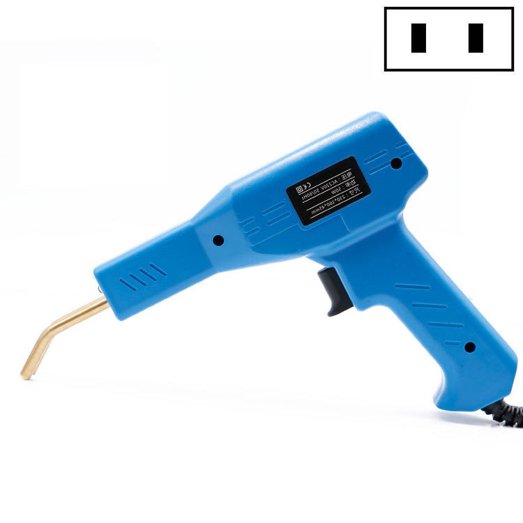 Blue handheld plastic welding nail gun with black trigger and soldering tip