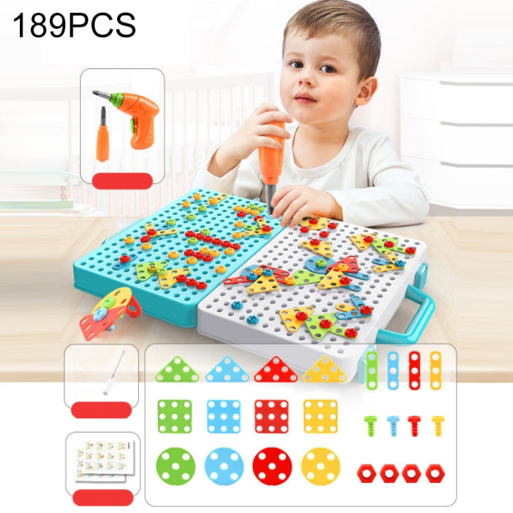 Children electric drill construction toy set, 189-piece pegboard with orange drill and parts