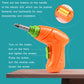 Orange and green electric drill toy with gray bit tip for tightening screws