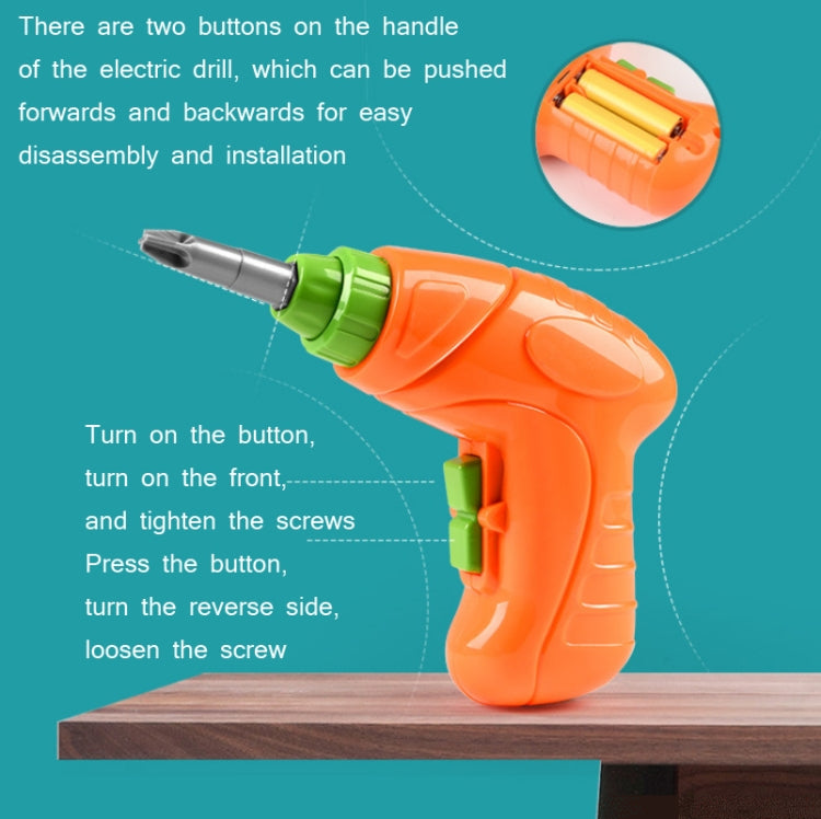 Orange and green electric drill toy with gray bit tip for tightening screws