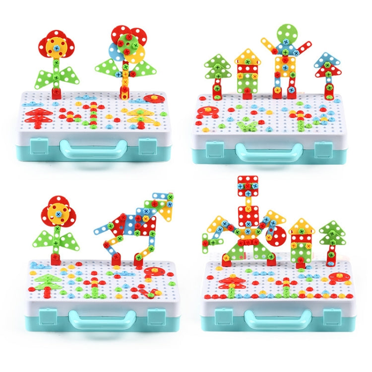 Children assembly toy set showing four finished figures on a white-and-blue base