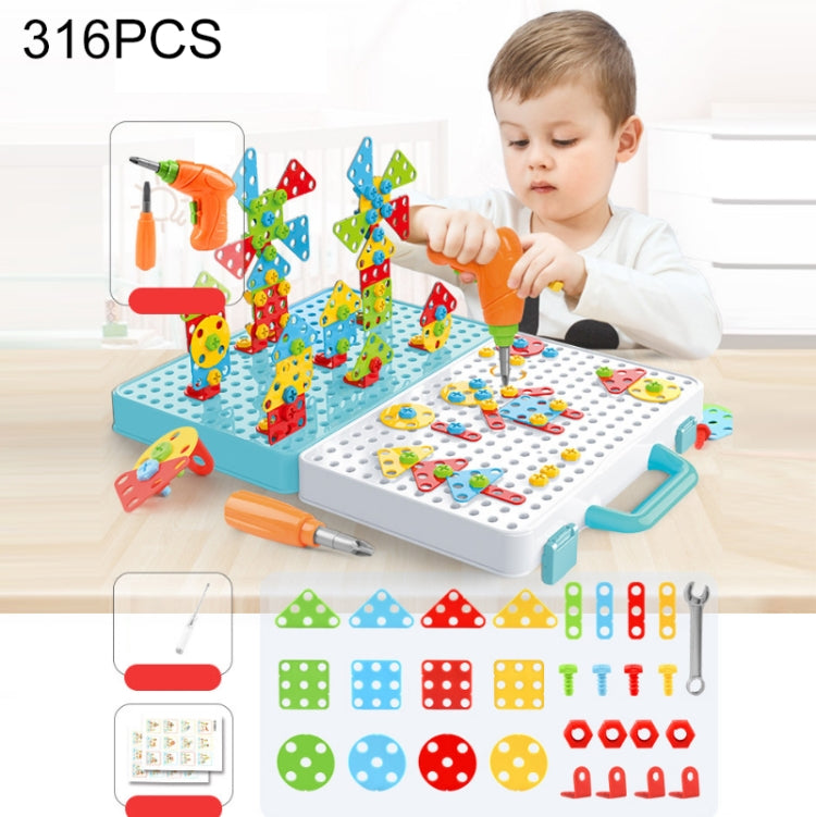Children electric drill construction toy set, 316-piece pegboard with orange drill and tools