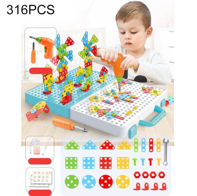 Children electric drill construction toy set, 316-piece pegboard with orange drill and building parts