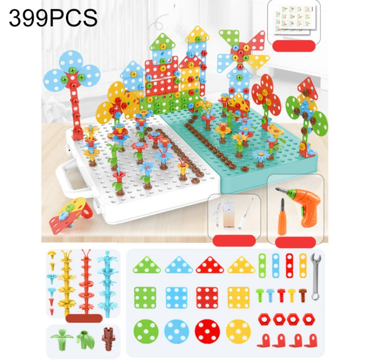 Children construction toy set, 399-piece pegboard with colorful towers and orange drill inset