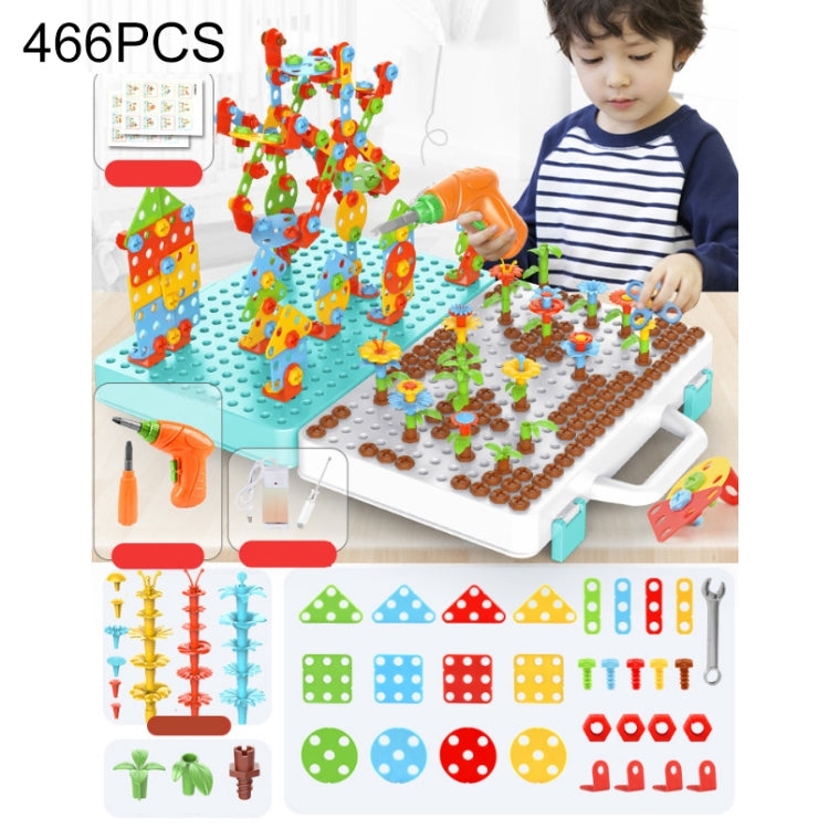 Children construction toy set, 466-piece pegboard with orange drill and large 3D build pieces