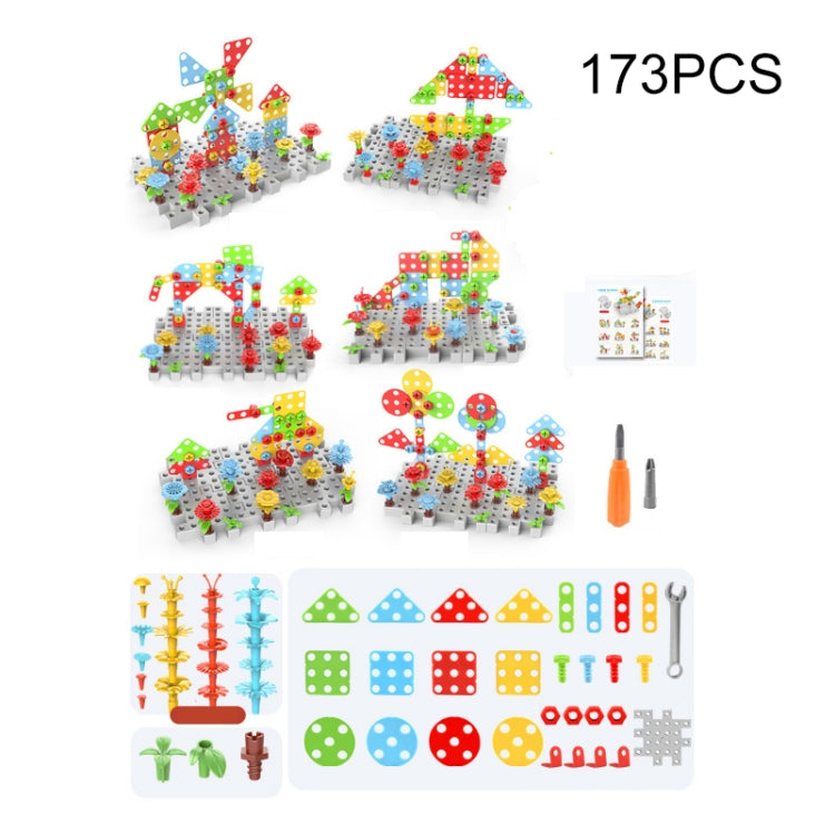 Children screw-tightening drill assembly toy set with gray base and colorful building parts
