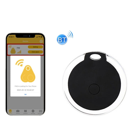 Black round Bluetooth anti-lost tracker key finder, circular tag with button