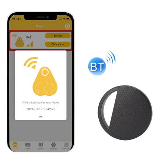 Black round Bluetooth object finder tag with key ring slot and alarm indicator.