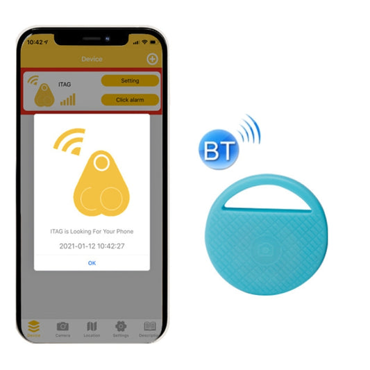 Blue round Bluetooth object finder tag with key ring slot and alarm indicator.