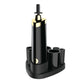 Black electric makeup brush scrubber with gold cap and upright cleaning head on base