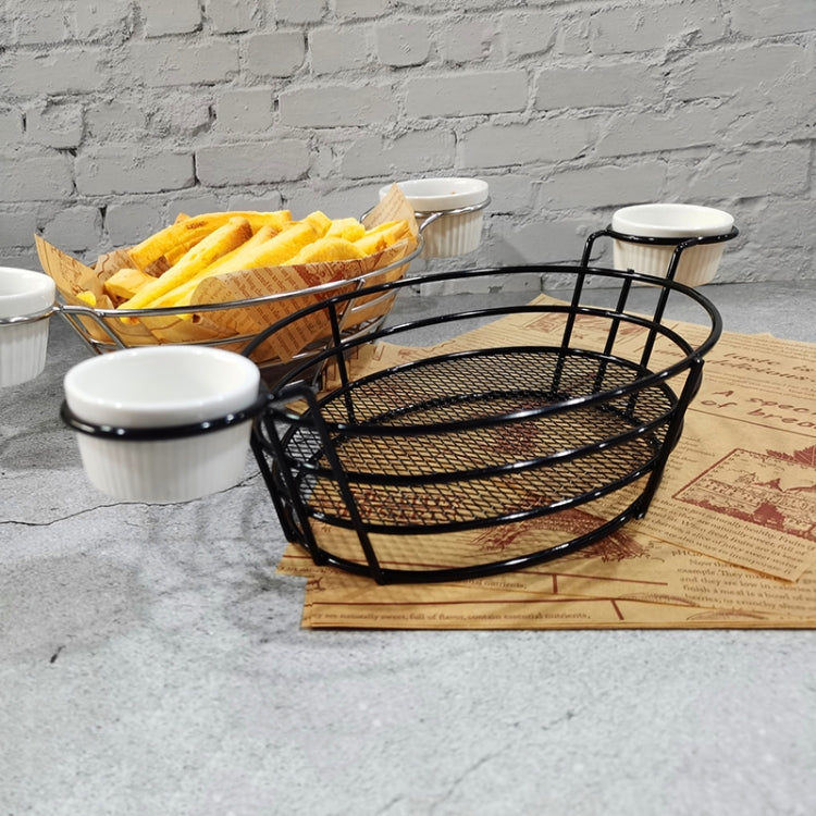 Wrought iron round snack basket with two white condiment cups