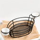 Wrought iron round wire basket with two white condiment cups