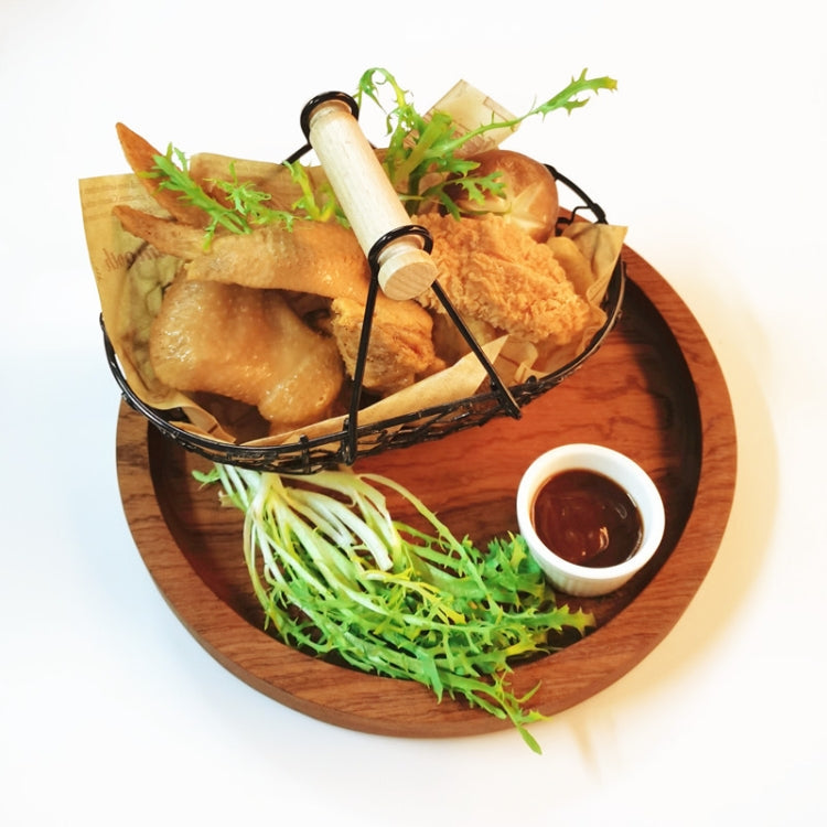 Black wire snack basket with two cup holders and wooden handle