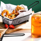 Black wire rectangular snack basket with side handles, filled with fried snacks