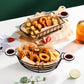 Black wire snack baskets with handles, two baskets filled with assorted fried foods