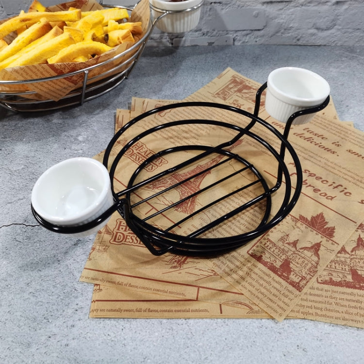 Wrought iron round wire basket with two white condiment cups