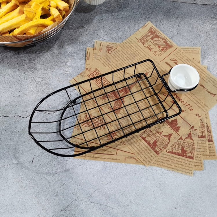 Wrought iron rectangular snack basket with grid top and small condiment cup