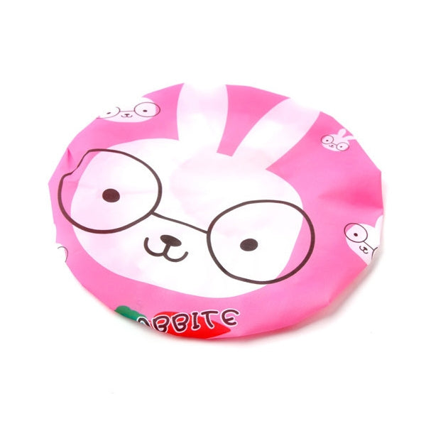 Pink rabbit cartoon shower bath cap, wide oval shape with elastic ruffle trim