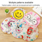 Cartoon shower bath caps on wood: pink-and-white rabbit and strawberry printed cap